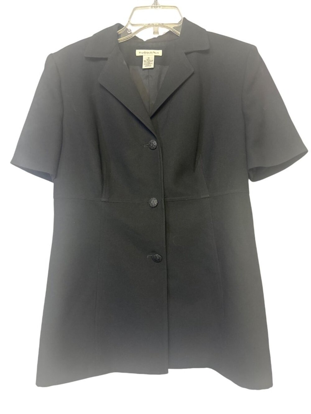 Preston & York Size 10 Two Piece Black Short Sleeve Button Blazer Skirt Suit